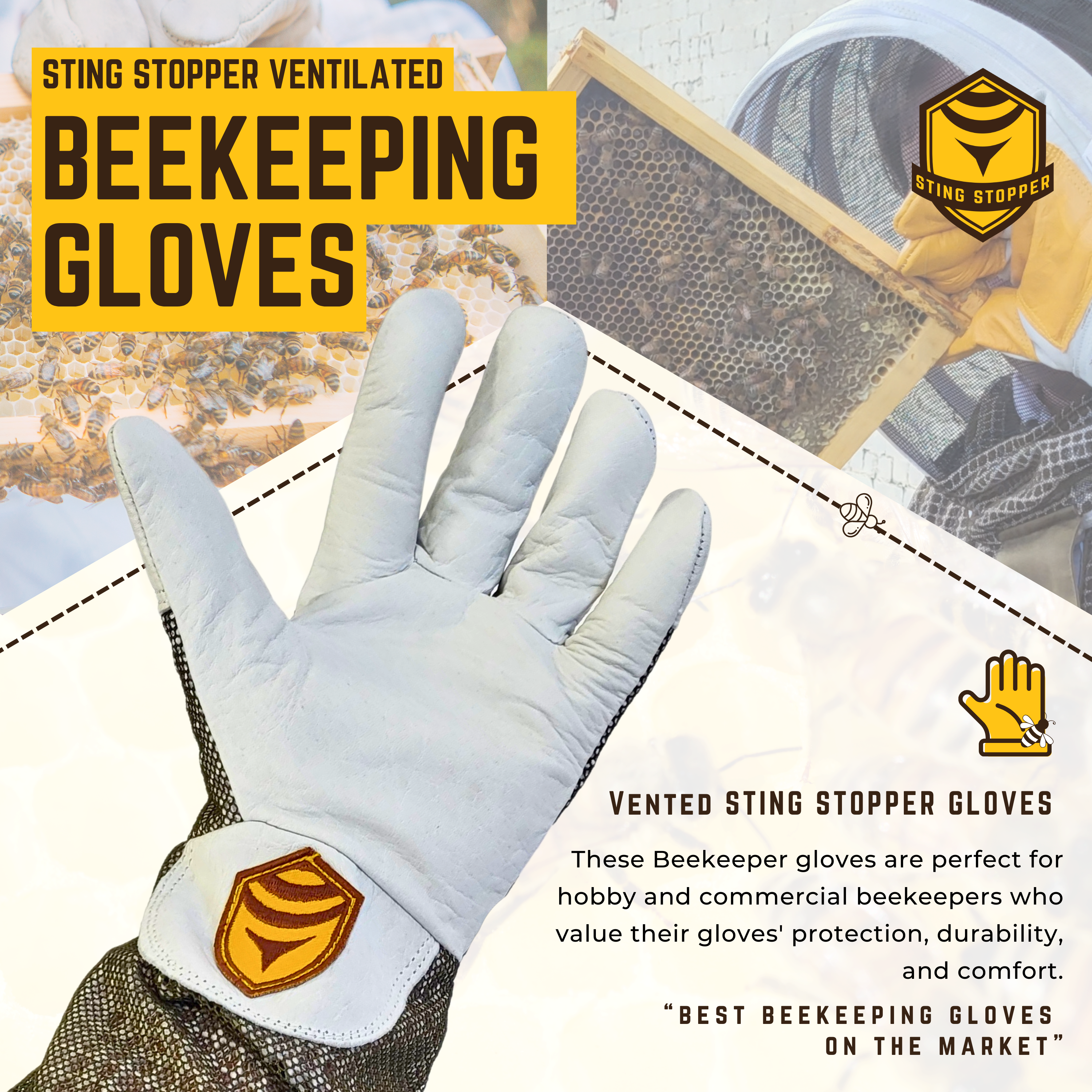 Sting Stopper Ventilated Goat Skin Beekeeping Gloves - Olive Green